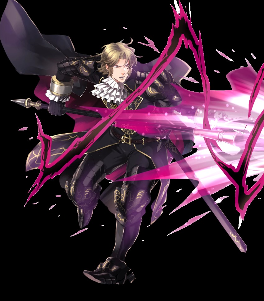 1boy armor armored_boots blonde_hair boots brown_eyes camus_(fire_emblem) electricity fire_emblem fire_emblem:_mystery_of_the_emblem fire_emblem_heroes full_body gloves highres male_focus nintendo official_art open_mouth polearm solo spear suekane_kumiko sword teeth transparent_background weapon
