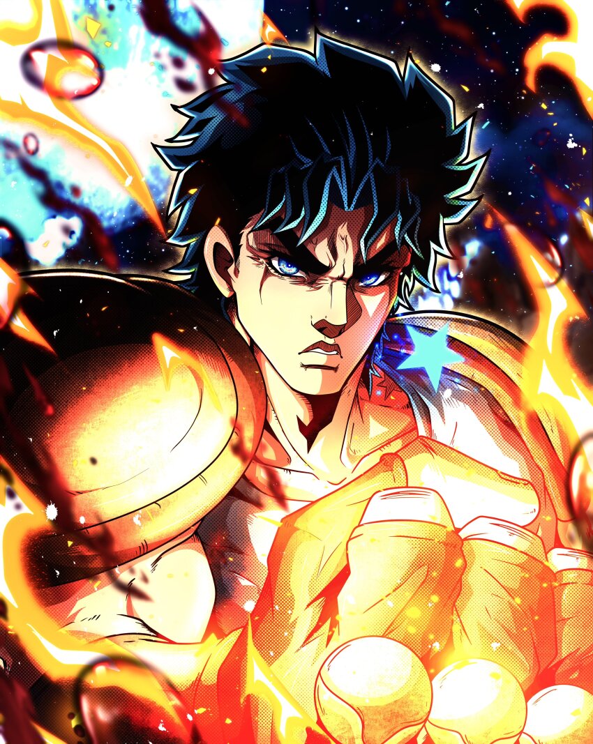 1boy absurdres angry araki_hirohiko_(style) birthmark blue_eyes blue_hair fingerless_gloves gloves hamon highres joestar_birthmark jojo_no_kimyou_na_bouken jonathan_joestar male_focus muscular noonvincent phantom_blood shirt shoulder_pads sleeveless sleeveless_shirt sparkle star_(symbol)