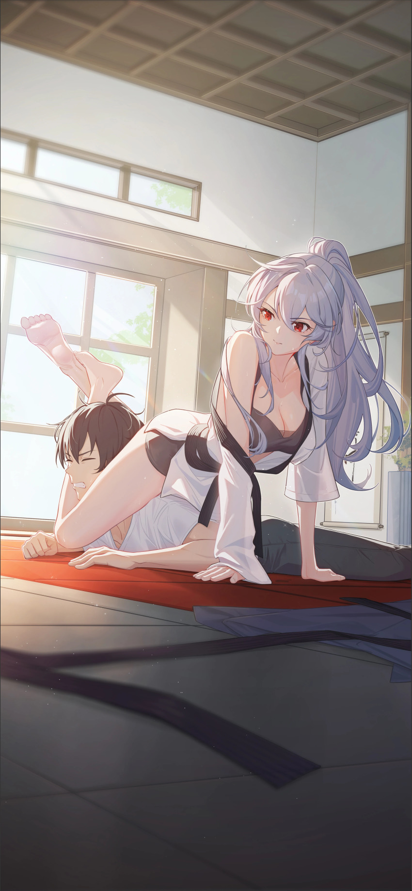 1boy 1girl absurdres ahoge all_fours bare_arms bare_legs bare_shoulders barefoot black_hair breasts cleavage clenched_teeth closed_eyes closed_mouth crazy_ones crossed_legs day dojo dougi full_body grey_hair grey_pants grey_shorts grey_sports_bra hair_between_eyes hanging_scroll head_on_another&#039;s_leg highres indoors judo large_breasts legs_up long_hair looking_to_the_side lying official_art on_stomach pants plant ponytail potted_plant protagonist_(crazy_ones) red_eyes scroll shirt shorts single_off_shoulder sports_bra sweat t-shirt teeth triangle_choke v-shaped_eyebrows white_shirt window xia_bing_(crazy_ones)