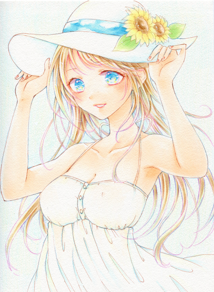 1girl absurdres amu_(m_aa) blonde_hair blue_eyes blue_ribbon breasts cleavage cloud_print commentary_request dress flower hands_on_headwear hat hat_flower hat_ribbon highres long_hair medium_breasts original painting_(medium) print_ribbon red_nails ribbon smile solo spaghetti_strap sun_hat sundress sunflower traditional_media upper_body watercolor_(medium) white_background white_dress white_hat