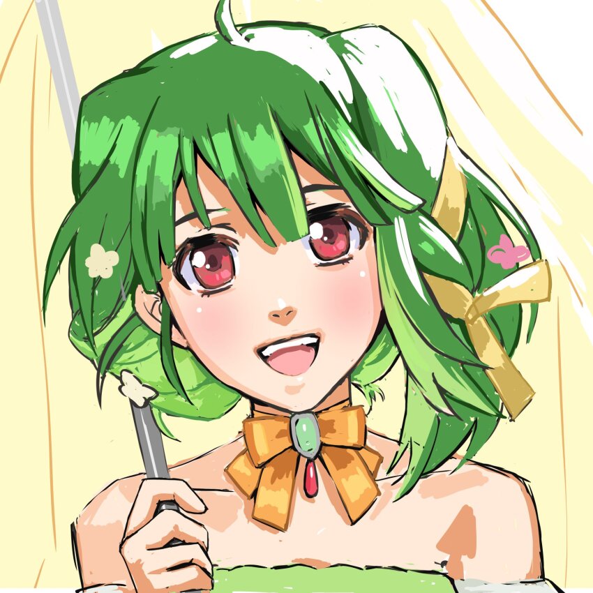 1girl bare_shoulders blush bow brown_eyes collarbone dress flower green_dress green_hair hair_flower hair_ornament hair_ribbon head_tilt highres holding holding_umbrella looking_at_viewer macross macross_frontier macross_frontier:_toki_no_meikyu nekkikamille open_mouth orange_bow pink_flower portrait ranka_lee ribbon short_hair smile solo strapless strapless_dress umbrella yellow_flower yellow_ribbon