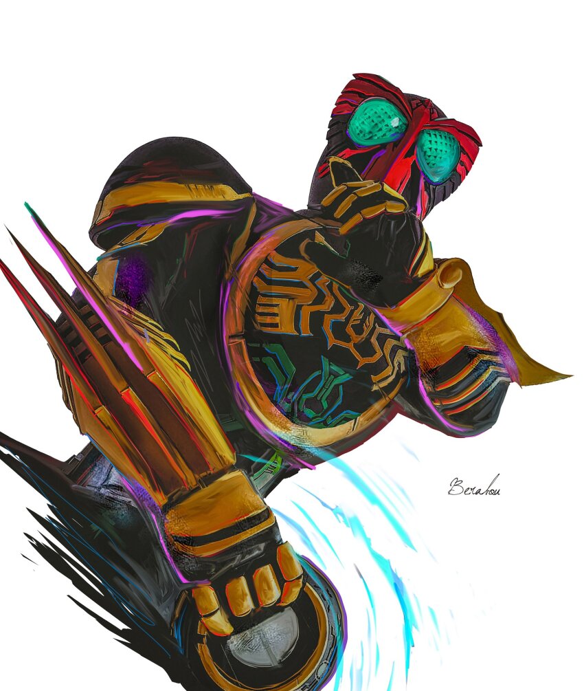 1boy armor bird black_armor black_bodysuit bodysuit bug claw_(weapon) claws core_medal fusion glowing grasshopper green_eyes hawk helmet henshin_pose highres insect kamen_rider kamen_rider_ooo kamen_rider_ooo_(series) male_focus obakelope0530 ooo_driver power_armor red_helmet simple_background solo tiger upper_body weapon white_background