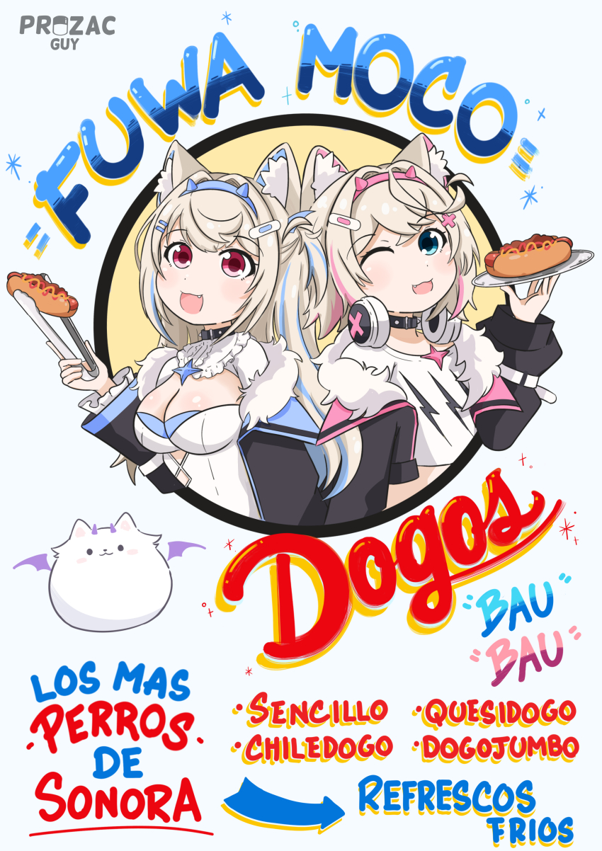 2girls absurdres animal_ear_fluff animal_ears bandaid bandaid_hair_ornament black_collar blonde_hair blue_eyes blue_hair blue_hairband breasts collar dog_ears dog_girl fuwawa_abyssgard fuwawa_abyssgard_(1st_costume) hair_ornament hairband headband highres hololive hololive_english horn_hairband large_breasts long_hair looking_at_viewer mococo_abyssgard mococo_abyssgard_(1st_costume) multicolored_hair multiple_girls open_mouth pink_brooch pink_eyes pink_hair pink_hairband pink_headband prozacguy siblings sisters spanish_text spiked_collar spikes streaked_hair twins virtual_youtuber