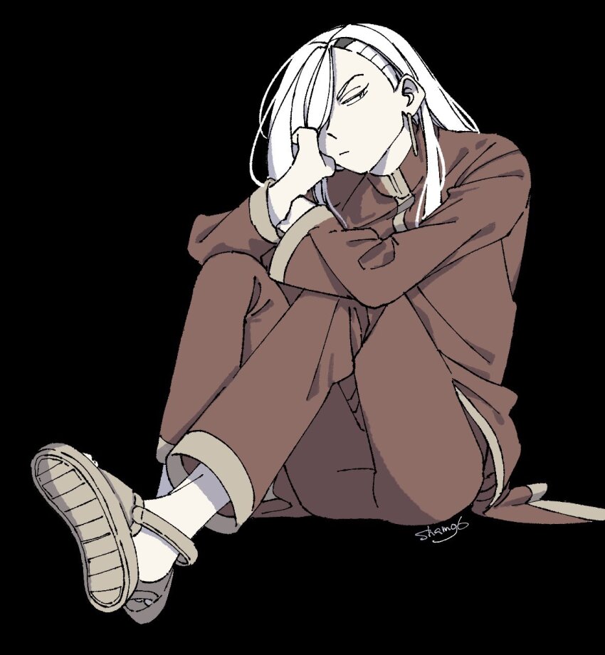 1boy black_background closed_mouth collared_shirt earrings expressionless full_body gold_earrings hand_on_own_cheek hand_on_own_face highres jewelry kokonoi_hajime long_hair long_sleeves looking_to_the_side male_focus pants red_pants red_shirt sandals shamoroku shirt signature simple_background sitting tokyo_revengers white_hair yellow_eyes