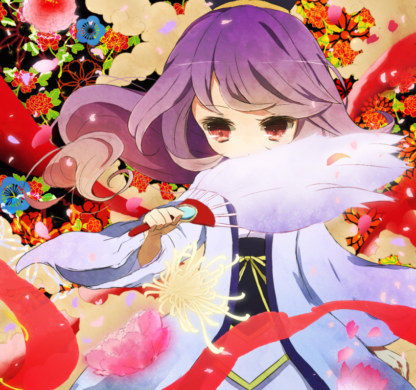 1boy bad_id bad_pixiv_id chinese_clothes hand_fan flower inazuma_eleven_(series) inazuma_eleven_go inazuma_eleven_go_chrono_stone male_focus orange_eyes plant purple_hair solo yoshida_(nono_ko) zhuge_kongming_(inazuma_eleven)