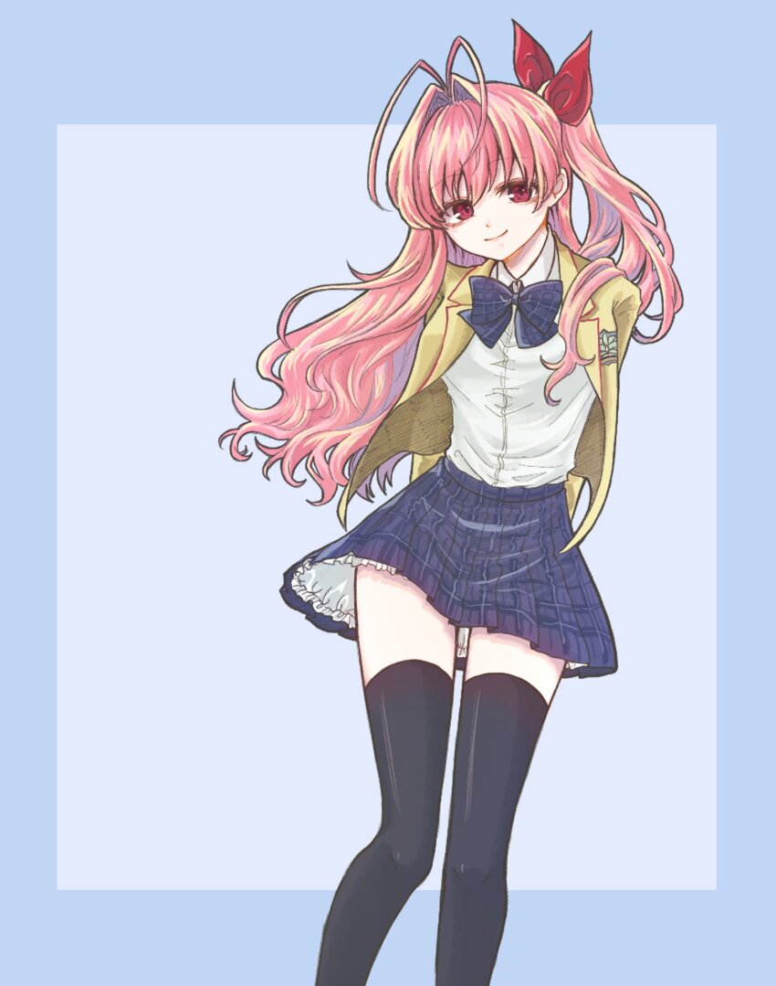 1girl 70lio black_skirt blue_bow blue_bowtie bow bowtie breasts buttons chaos;head collared_shirt hair_between_eyes hair_ribbon hands_behind highres jacket light_smile long_hair looking_at_viewer medium_breasts ribbon sakihata_rimi shirt skirt