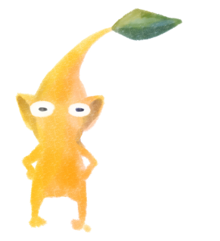 absurdres black_eyes colored_skin creature creature_focus hands_on_own_hips highres iat-418 leaf legs_apart looking_at_viewer nintendo no_humans no_lineart no_mouth pikmin_(series) pointy_ears simple_background standing straight-on white_background yellow_pikmin yellow_skin
