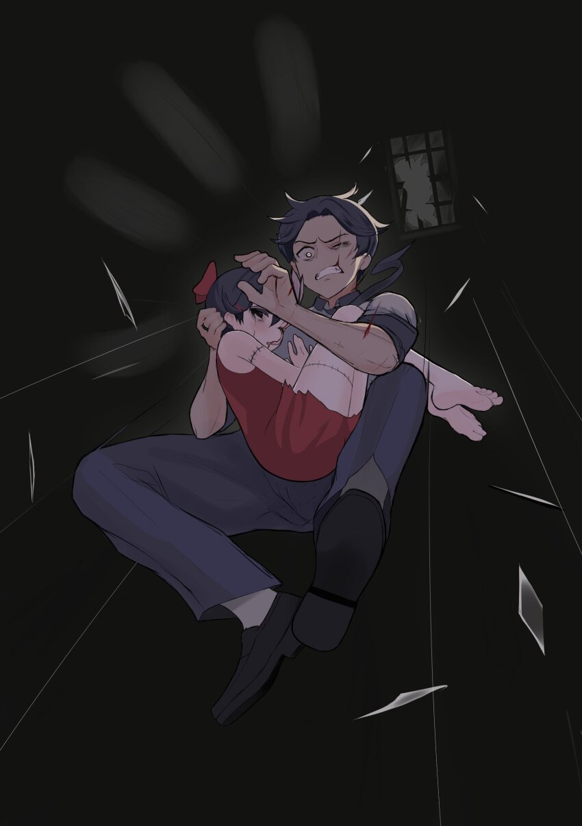 1boy 1girl absurdres barefoot black_background black_eyes black_hair blood bow breaking_through_window broken_glass carrying clenched_teeth commentary crying crying_with_eyes_open dress english_commentary glass highres injury jumping miside mita_(miside) one_eye_closed parted_lips player_character_(miside) princess_carry red_bow red_dress sanpaku scar scar_across_eye scar_on_arm scar_on_face scar_on_leg short_hair soles stitched_arm stitched_leg stitches sunggou tears teeth tiny_mita_(miside) toes window