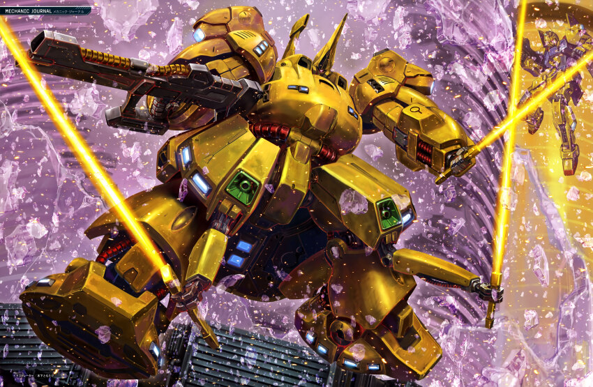 absurdres artist_request asymmetrical_dual_wielding battle beam_rifle dual_wielding energy_gun energy_sword extra_arms gundam gundam_perfect_file highres holding holding_sword holding_weapon hyaku_shiki machinery mecha mecha_focus mobile_suit no_humans one-eyed realistic red_eyes robot science_fiction space sword the_o_(mobile_suit) titans_(gundam) vernier_thrusters weapon zeta_gundam