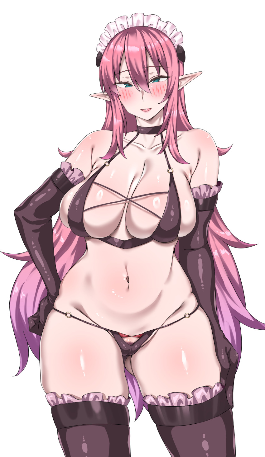 1girl absurdres arm_at_side bikini blush breast_press breasts cleft_of_venus collarbone cowboy_shot curvy elbow_gloves eyebrows eyelashes female_focus female_pubic_hair frilled_gloves frilled_thighhighs frills gloves green_eyes hand_on_own_hip highres kono_subarashii_sekai_ni_shukufuku_wo! large_breasts long_hair maid_headdress naughty_face navel open_mouth pink_gloves pink_hair pink_thighhighs pipienpippi pointy_ears pubic_hair purple_bikini purple_gloves purple_thighhighs simple_background smile solo standing swimsuit thighhighs two-tone_thighhighs uketsuke_succubus_(konosuba) very_long_hair white_background white_headdress wide_hips