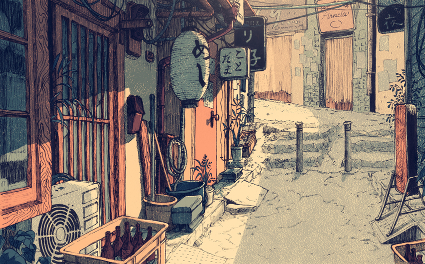 air_conditioner aoicancerius bottle bucket day diner door lantern no_humans outdoors paper_lantern road scenery shin&#039;ya_shokudou stairs street