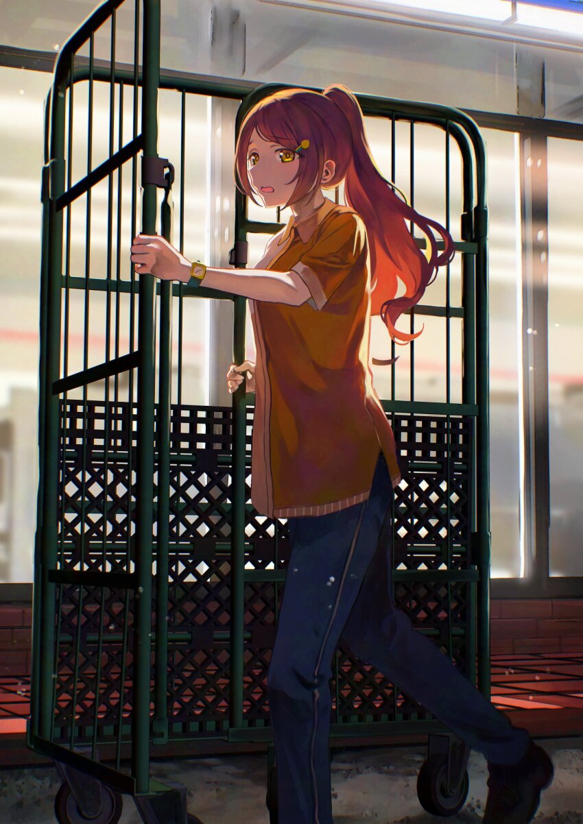 1girl alternate_costume alternate_hairstyle birthday black_shoes blue_pants blush breasts brown_hair cart collared_shirt employee_uniform fingernails from_side full_body hair_ornament hairclip high_ponytail highres idolmaster idolmaster_shiny_colors long_hair medium_breasts night open_mouth orange_shirt osaki_tenka otsudou outdoors pants ponytail pushing pushing_cart shirt shoes shop short_sleeves sidelocks solo standing swept_bangs walking watch wavy_mouth window wristwatch yellow_eyes
