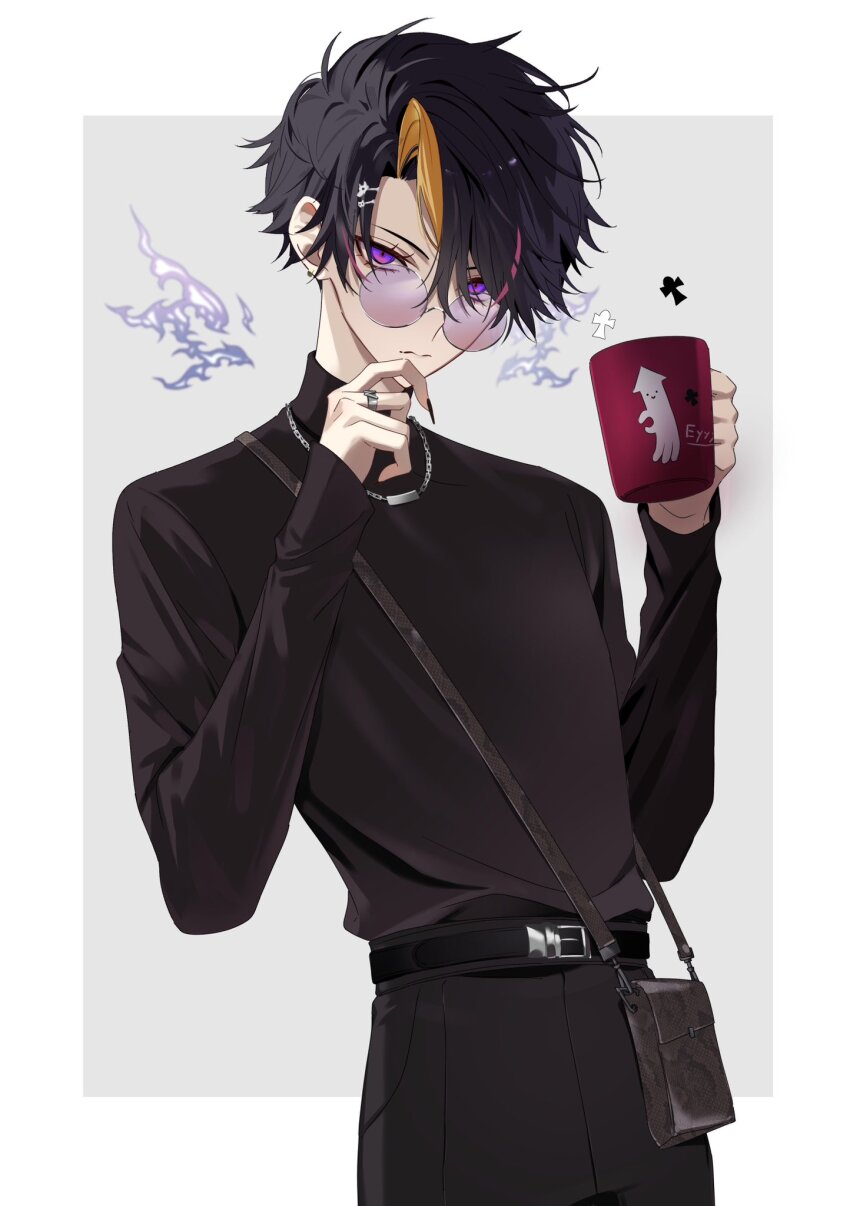 1boy bag belt belt_buckle black_bag black_belt black_hair black_nails black_pants black_shirt blonde_hair border buckle chain chain_necklace closed_mouth commentary_request cup expressionless eyelashes fingernails fire glasses grey_background hair_between_eyes hair_ornament hairclip hand_on_own_chin handbag hands_up highres holding holding_cup jewelry long_fingernails long_sleeves looking_at_viewer looking_over_eyewear male_focus mug multicolored_hair nail_polish necklace nijisanji nijisanji_en official_alternate_costume outside_border pants parted_bangs pink_hair purple-tinted_eyewear purple_eyes purple_fire ring round_eyewear sharp_fingernails shikigami shirt short_hair shoulder_bag shu_yamino shu_yamino_(3rd_costume) simple_background sleeves_past_wrists solo streaked_hair tinted_eyewear tsugu_(tsugu_823) turtleneck virtual_youtuber white_border