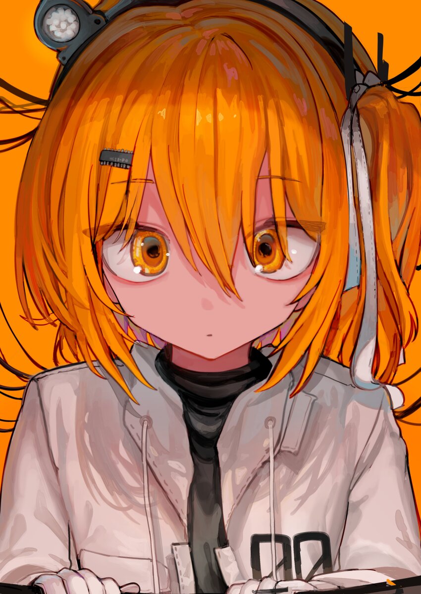 1girl a.i._voice absurdres adachi_rei cable drawstring expressionless hair_between_eyes hair_ornament hair_ribbon hairband headlamp highres jacket looking_at_viewer medium_hair microa microchip number_print one_side_up orange_background orange_eyes orange_hair print_jacket ribbon simple_background solo utau white_jacket white_ribbon