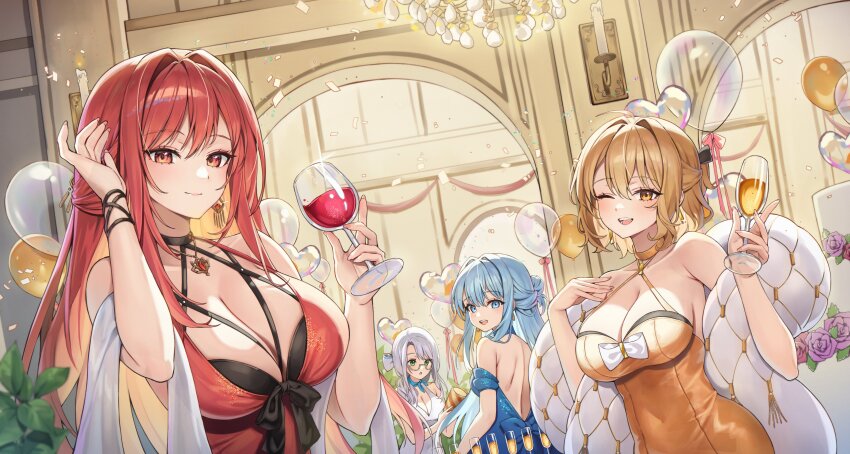 4girls absurdres alternate_costume anis_(nikke) blonde_hair blue_hair breasts cleavage counters_(nikke) dress goddess_of_victory:_nikke highres large_breasts long_hair multiple_girls neil_(neil_nim) neon_(nikke) official_alternate_hair_color rapi_(nikke) rapi_(red_hood)_(nikke) red_eyes red_hair shifty_(nikke) smile