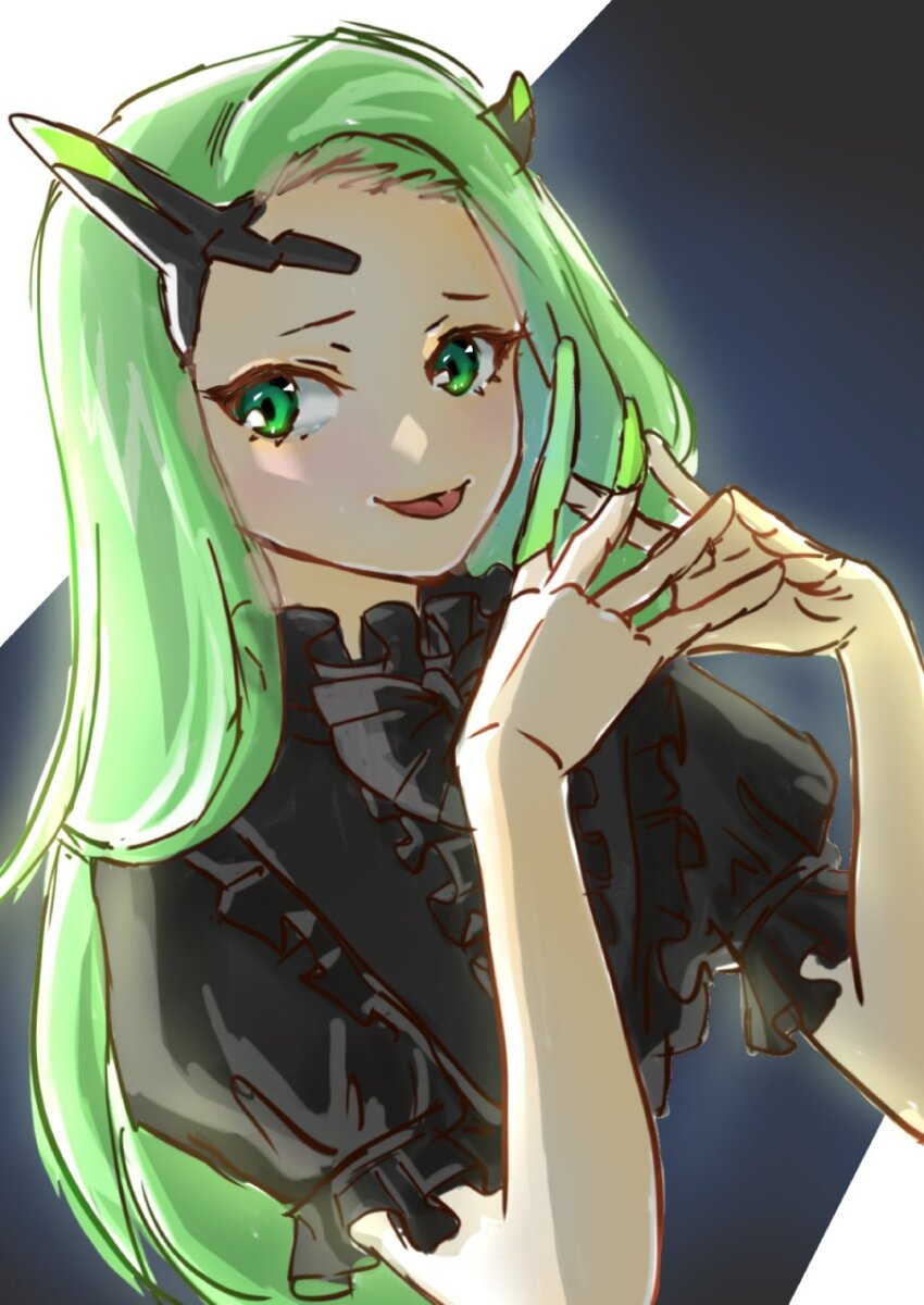 1girl black_dress dress frilled_dress frills green_eyes green_hair highres horns ichigo_jam long_hair looking_at_viewer macross macross_delta macross_delta:_zettai_live!!!!!! open_mouth own_hands_clasped own_hands_together single_horn smile solo yami_reina