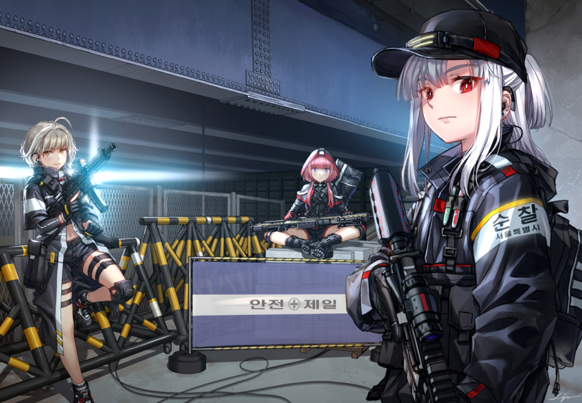 3girls assault_rifle baseball_cap bolt_action grey_hair gun hat holding holding_gun holding_weapon hood korean_text kws long_hair military multiple_girls original pink_hair rifle roadblock short_hair south_korea submachine_gun tactical_clothes translation_request weapon