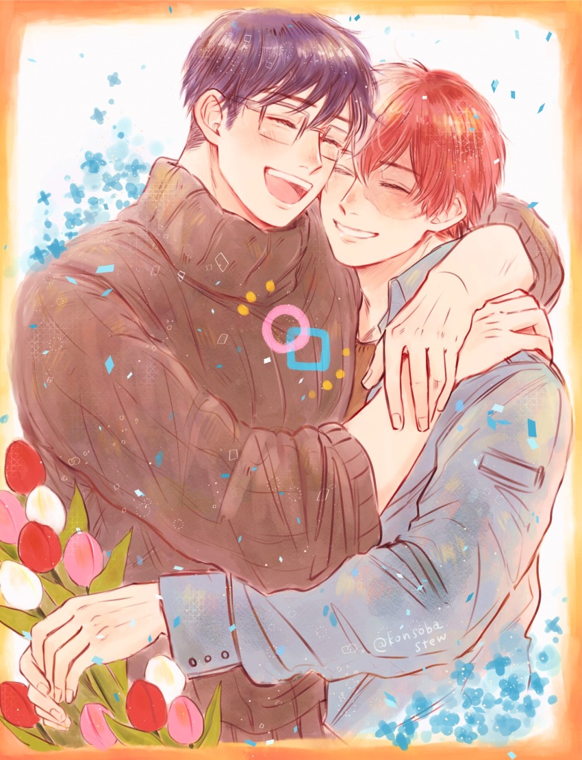 2boys boku_no_hero_academia brown_sweater closed_eyes fingernails flower glasses grey_jacket highres hug iida_tenya jacket konsobastew long_sleeves male_focus multicolored_hair multiple_boys open_mouth pink_flower pink_tulip purple_hair rectangular_eyewear red_flower red_tulip scar scar_on_face short_hair split-color_hair sweater teeth todoroki_shoto tulip upper_teeth_only white_flower white_tulip yaoi
