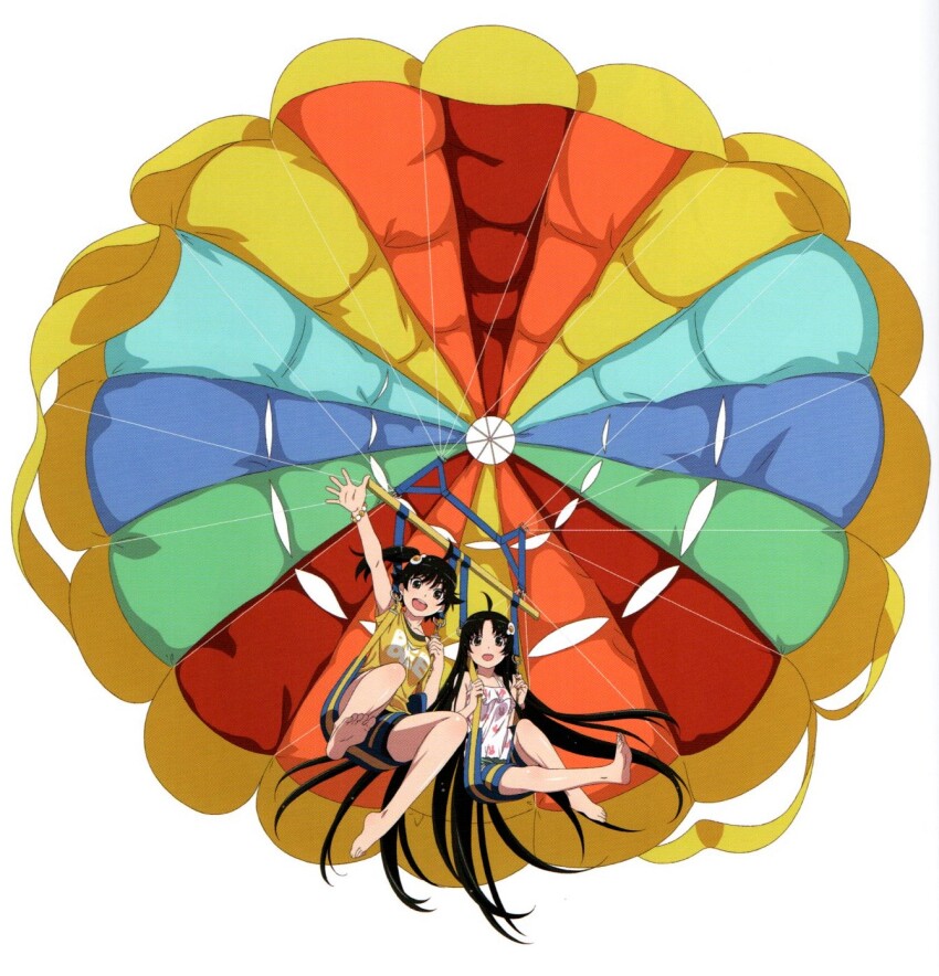 2girls :d ahoge araragi_karen araragi_tsukihi arm_up bare_legs bare_shoulders barefoot black_hair blue_shorts blush collarbone egg_hair_ornament feet food-themed_hair_ornament full_body grey_eyes hair_ornament highres knee_up legs long_hair looking_at_viewer monogatari_(series) multiple_girls non-web_source official_art open_mouth parasailing parted_bangs print_shirt scan scan_artifacts shadow shirt short_sleeves shorts siblings side_ponytail simple_background sisters sitting smile soles teeth thighs toes upper_teeth_only very_long_hair watanabe_akio white_background white_shirt