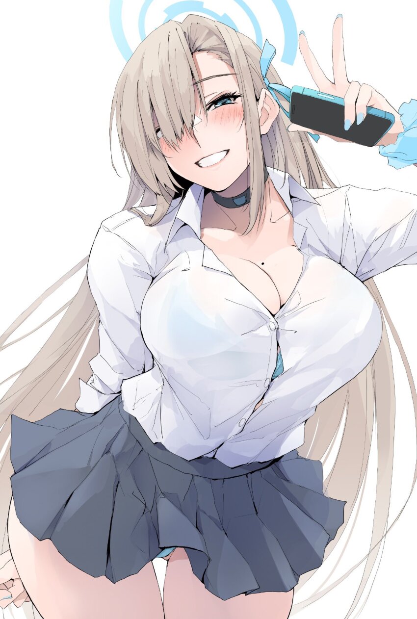 1girl asuna_(blue_archive) asuna_(school_uniform)_(blue_archive) blue_archive blue_eyes blue_panties blue_skirt blush breasts brown_hair choker cleavage collarbone gluteal_fold hair_ribbon highres holding holding_phone large_breasts long_hair looking_at_viewer mole mole_on_breast panties phone pleated_skirt ribbon scrunchie see-through_clothes see-through_shirt shirt skirt smile solo thighs underwear v very_long_hair white_shirt wrist_scrunchie zekkyon