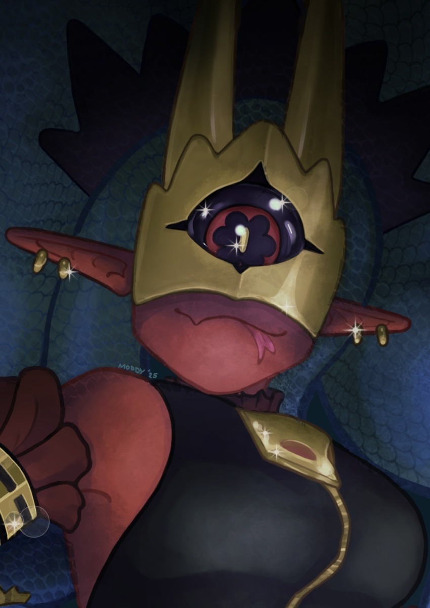 1girl bracelet breasts colored_skin digimon digimon_(creature) earrings highres horns jewelry looking_at_viewer mask medusamon moddy_by_nature red_skin smile snake_hair tongue tongue_out yellow_eyes