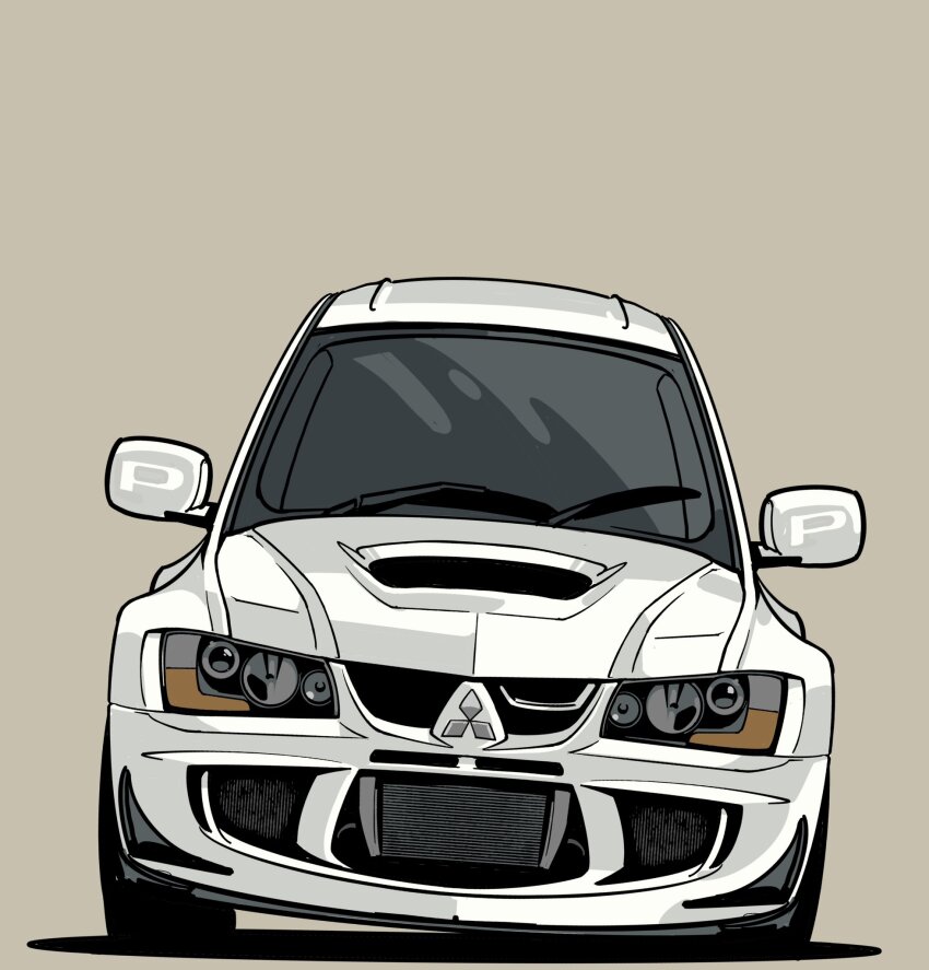 brown_background car highres leaning_to_the_side mitsubishi_lancer_evolution mitsubishi_motors motor_vehicle no_humans original shadow simple_background straight-on vehicle_focus white_car will_pierce