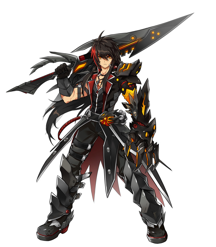 1boy arm_belt armor armored_boots belt belt_buckle black_belt black_coat black_gloves black_pants black_shirt blush boots buckle chest_belt claws coat collarbone crossed_belts dark-skinned_male dark_skin determined elsword frown full_body game_cg gloves grey_boots hair_between_eyes highres holding holding_sword holding_weapon huge_weapon hwansang legs_apart long_hair looking_at_viewer male_focus mechanical_arms multicolored_hair multiple_belts official_art open_clothes open_coat orange_eyes over_shoulder pants pauldrons pectoral_cleavage pectorals raven_cronwell red_coat red_hair second-party_source shirt shoulder_armor single_bracer single_glove single_mechanical_arm solo standing streaked_hair sword tachi-e thigh_boots torn_clothes transparent_background two-sided_coat two-sided_fabric v-shaped_eyebrows very_long_hair veteran_commander_(elsword) weapon weapon_over_shoulder