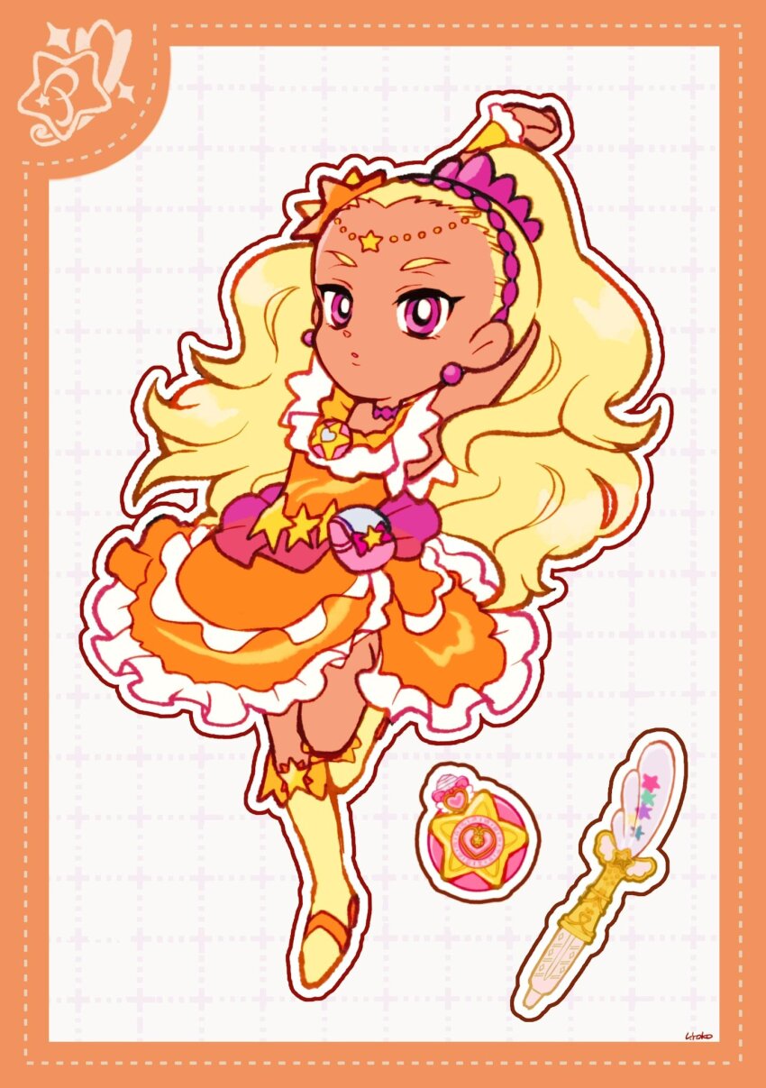 1girl amamiya_elena arm_behind_head arm_up bag_bow bead_choker beads blonde_hair border bow bow_legwear choker circlet cure_soleil dark-skinned_female dark_skin deformed dot_nose dotted_line dress earrings expressionless eyelashes forehead frilled_arm_warmers frilled_dress frills full_body glowstick grid_background hair_beads hair_ornament hairband high_ponytail highres jewelry leg_up long_hair magical_girl medium_dress orange_border orange_bow orange_dress orange_sandals outline over-kneehighs parted_lips penlight_(glowstick) pink_bag pink_bow pink_choker pink_eyes pink_hairband ponytail precure sandals short_sleeves signature socks solo sphere_earrings standing star_(symbol) star_hair_ornament star_twinkle_precure stretching thighhighs tsurime two-tone_bag uwded_207 very_long_hair waist_bag white_background white_bag white_outline white_sleeves yellow_arm_warmers yellow_socks