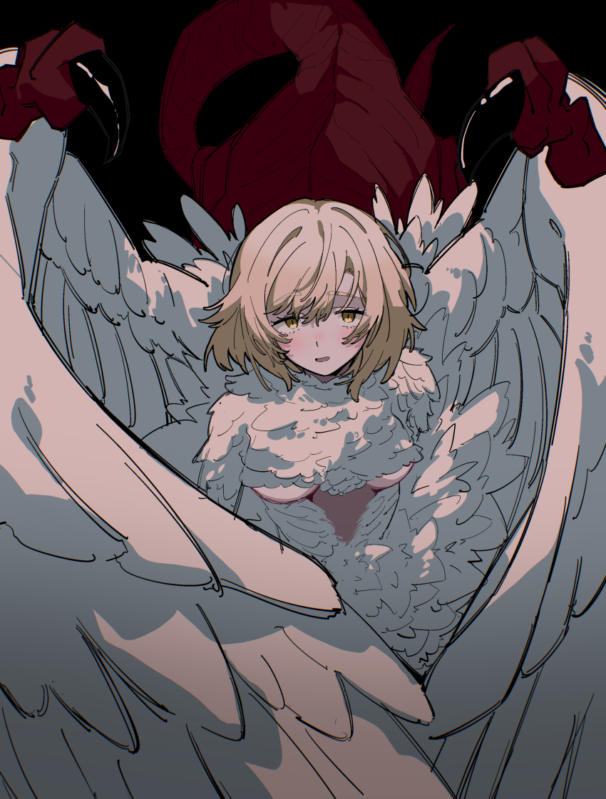 1girl absurdres blonde_hair blush breasts centauroid chimera dungeon_meshi falin_touden falin_touden_(chimera) feathered_wings feathers full_burrrrrrst highres monster_girl open_mouth short_hair simple_background solo taur white_feathers wings yellow_eyes