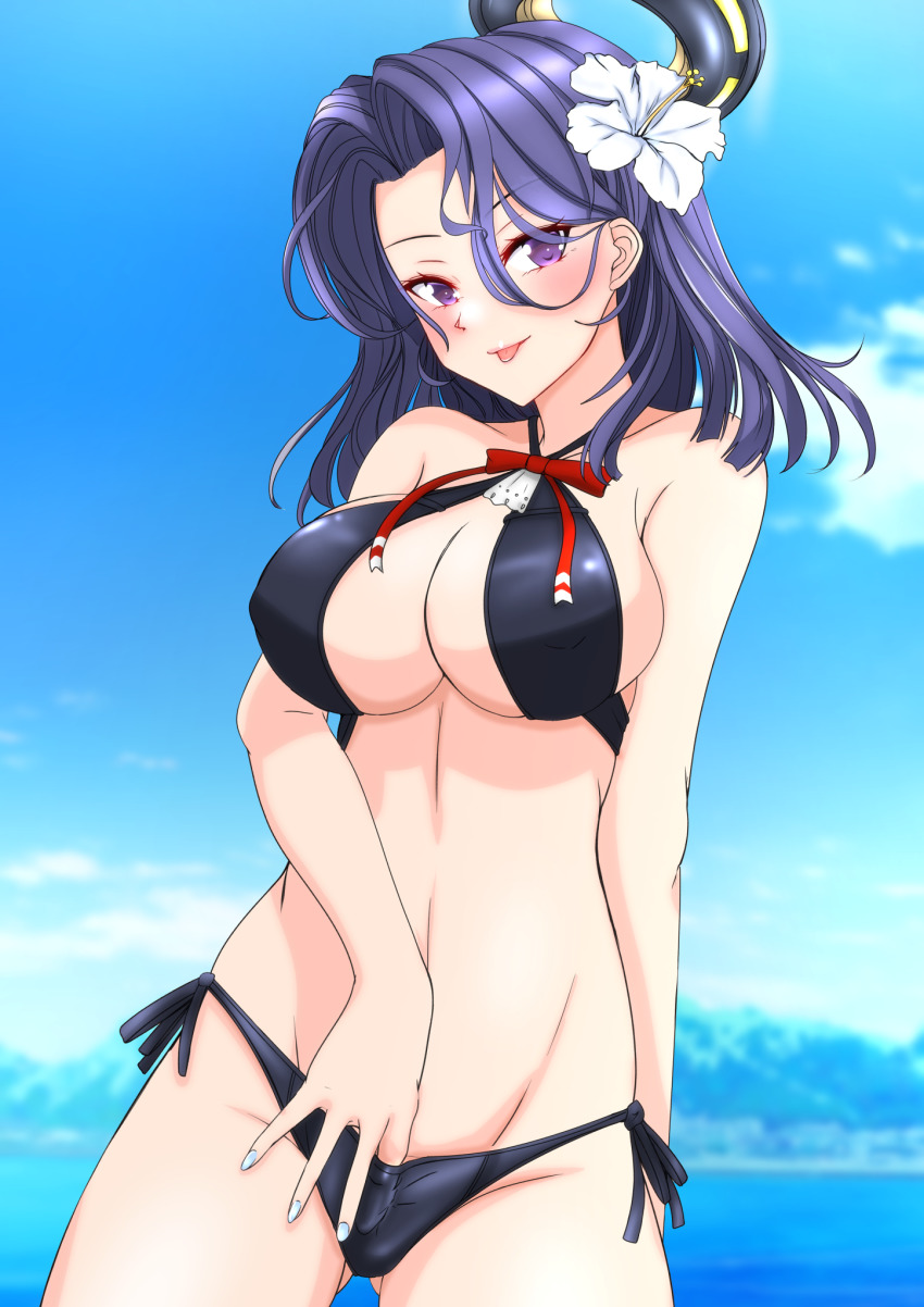 1girl bikini black_bikini blue_sky breasts cloud cowboy_shot day flower hair_flower hair_ornament halo hand_under_clothes hibiscus highres kantai_collection large_breasts mechanical_halo navel nitamako_(sakamalh) official_alternate_costume purple_eyes purple_hair short_hair side-tie_bikini_bottom sky smile solo standing swimsuit tatsuta_(kancolle) tatsuta_(swimsuit)_(kancolle) tongue tongue_out white_flower