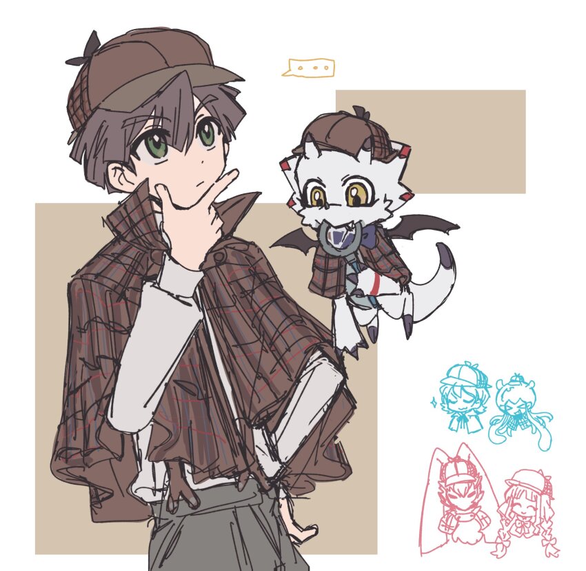 1girl 2boys amanokawa_hiro angoramon detective digimon digimon_(creature) digimon_ghost_game dinosaur gammamon higashimitarai_kiyoshiro highres jellymon long_hair multiple_boys rabbit short_hair tentacles triceratops tsukiyono_ruli