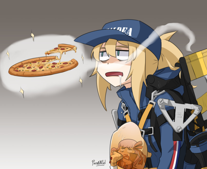 artoria_pendragon_(fate) babywearing baseball_cap bb-28 bb-28_(cosplay) bb_(fate) bb_(swimsuit_mooncancer)_(fate) bb_(swimsuit_mooncancer)_(third_ascension)_(fate) black_coat blonde_hair blue_jumpsuit blue_suit coat container cosplay death_stranding drooling fate/grand_order fate_(series) food formal_clothes gloves green_eyes hair_through_headwear hat jumpsuit leotard mouth_drool mysterious_heroine_x_(fate) mysterious_heroine_xx_(fate) name_connection odradek open_mouth package paran01d pizza popped_collar saliva sam_porter_bridges sam_porter_bridges_(cosplay) suit tan tube white_gloves white_leotard