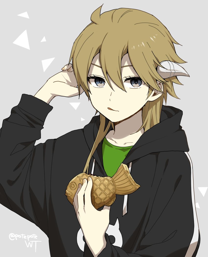 1girl 7100potechi :q absurdres ahoge black_hoodie brown_hair drawstring eyelashes food genderswap genderswap_(mtf) grey_background grey_eyes hair_between_eyes hands_up highres holding holding_food hood hood_down hoodie horns hyuse light_brown_hair long_hair long_sleeves looking_at_viewer print_hoodie solo taiyaki tongue tongue_out triangle twitter_username upper_body wagashi world_trigger