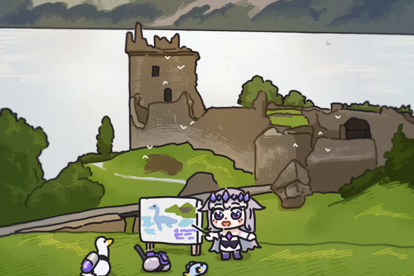 1girl 3others bing_huyue bird blush_stickers castle chest_jewel chibi commentary duck english_commentary fish gem gem_hair_ornament hair_flaps highres hololive hololive_english koseki_bijou koseki_bijou_(1st_costume) lake loch_ness_monster long_hair multiple_others open_mouth pebble_(koseki_bijou) purple_eyes purple_gemstone purple_hair purple_shoes real_world_location road ruins scotland scuba_gear scuba_tank shoes simple_bird stick structure teaching urquhart_castle virtual_youtuber