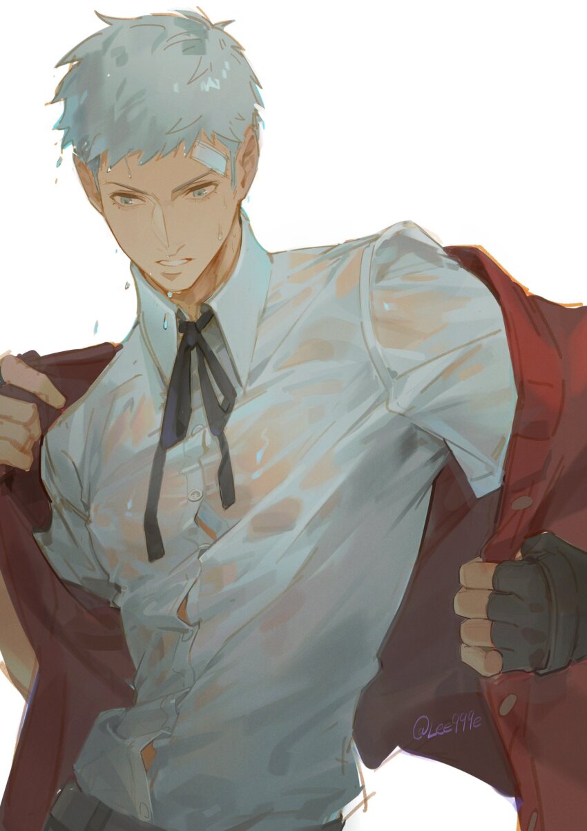 1boy bandaid bandaid_on_face bandaid_on_forehead black_gloves black_ribbon collared_shirt commentary_request fingerless_gloves gloves grey_eyes grey_hair highres lee999nine male_focus neck_ribbon parted_lips persona persona_3 red_sweater_vest ribbon sanada_akihiko see-through_clothes see-through_shirt shirt short_hair solo sweat sweatdrop sweater_vest twitter_username undressing upper_body water_drop wet wet_clothes wet_shirt white_background white_shirt