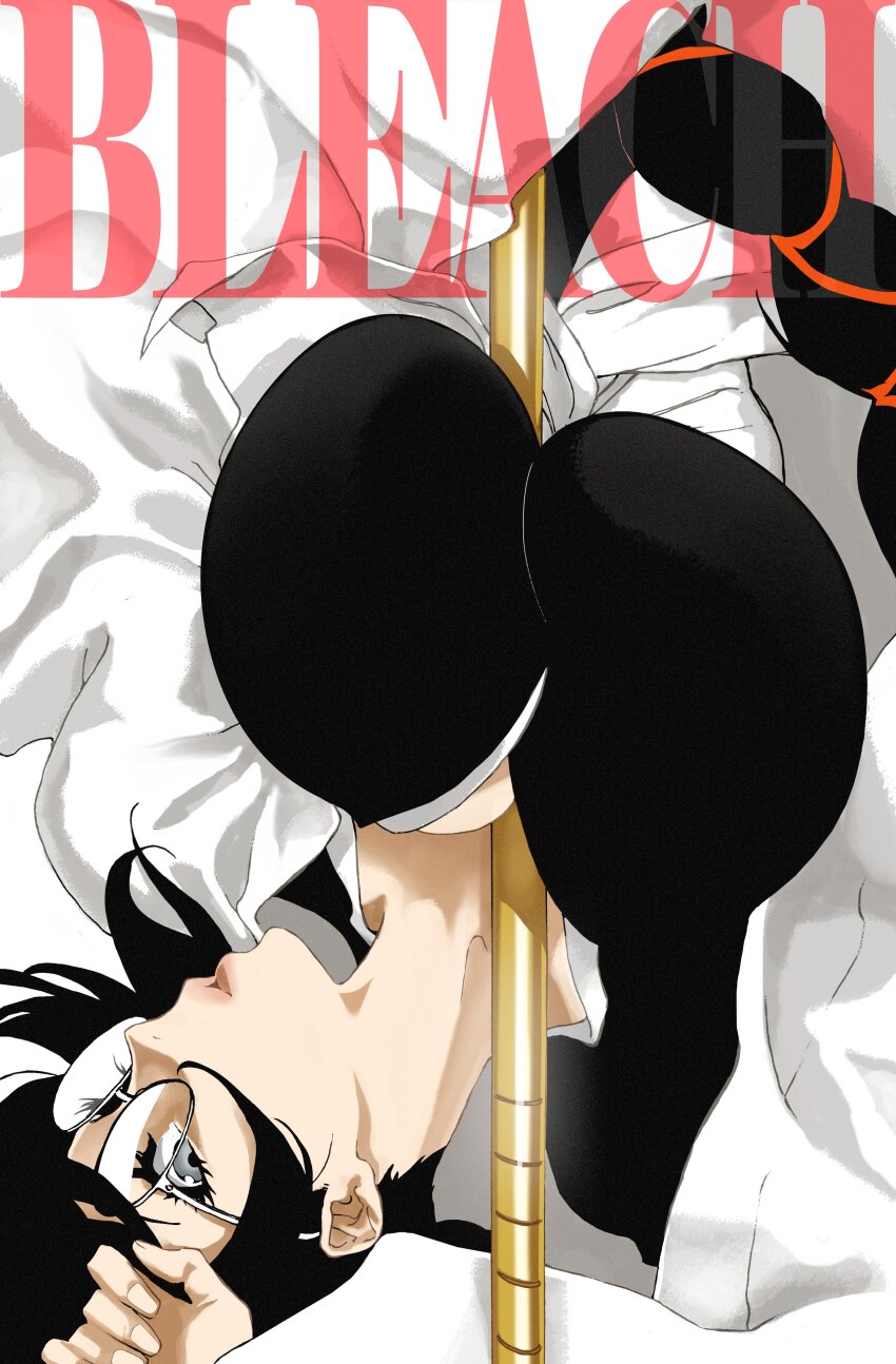 1girl absurdres between_breasts black_hair black_kimono bleach bleach:_sennen_kessen-hen braid breasts commentary copyright_name english_commentary eyelashes film_grain glasses grey_eyes hand_up haori highres huge_breasts japanese_clothes katori_batsuunsai kimono kubo_tite_(style) long_hair long_sleeves looking_at_viewer official_style parted_lips pedrozox2093 pink_lips polearm round_eyewear simple_background solo taichou_haori upper_body upside-down weapon white-framed_eyewear white_background wide_sleeves