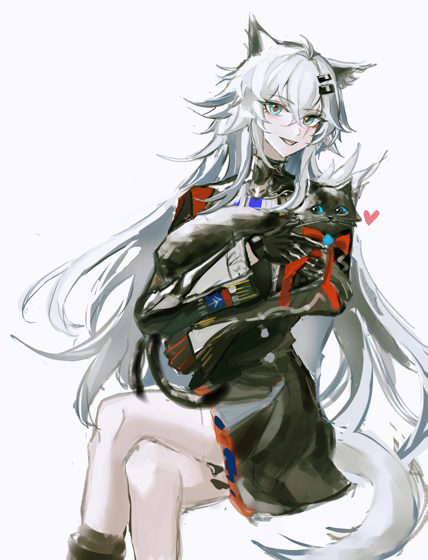 1girl :d absurdres animal animal_ears aqua_eyes arknights black_cat cat chinese_commentary commentary_request crossed_bangs crossed_legs feet_out_of_frame grey_background grey_hair grey_tail hair_between_eyes heart highres holding holding_animal holding_cat invisible_chair lappland_(arknights) long_hair long_sleeves looking_at_viewer miss_christine_(arknights) open_mouth simple_background sitting smile solo tail wolf_ears wolf_girl wolf_tail zhishi_mao_tiao
