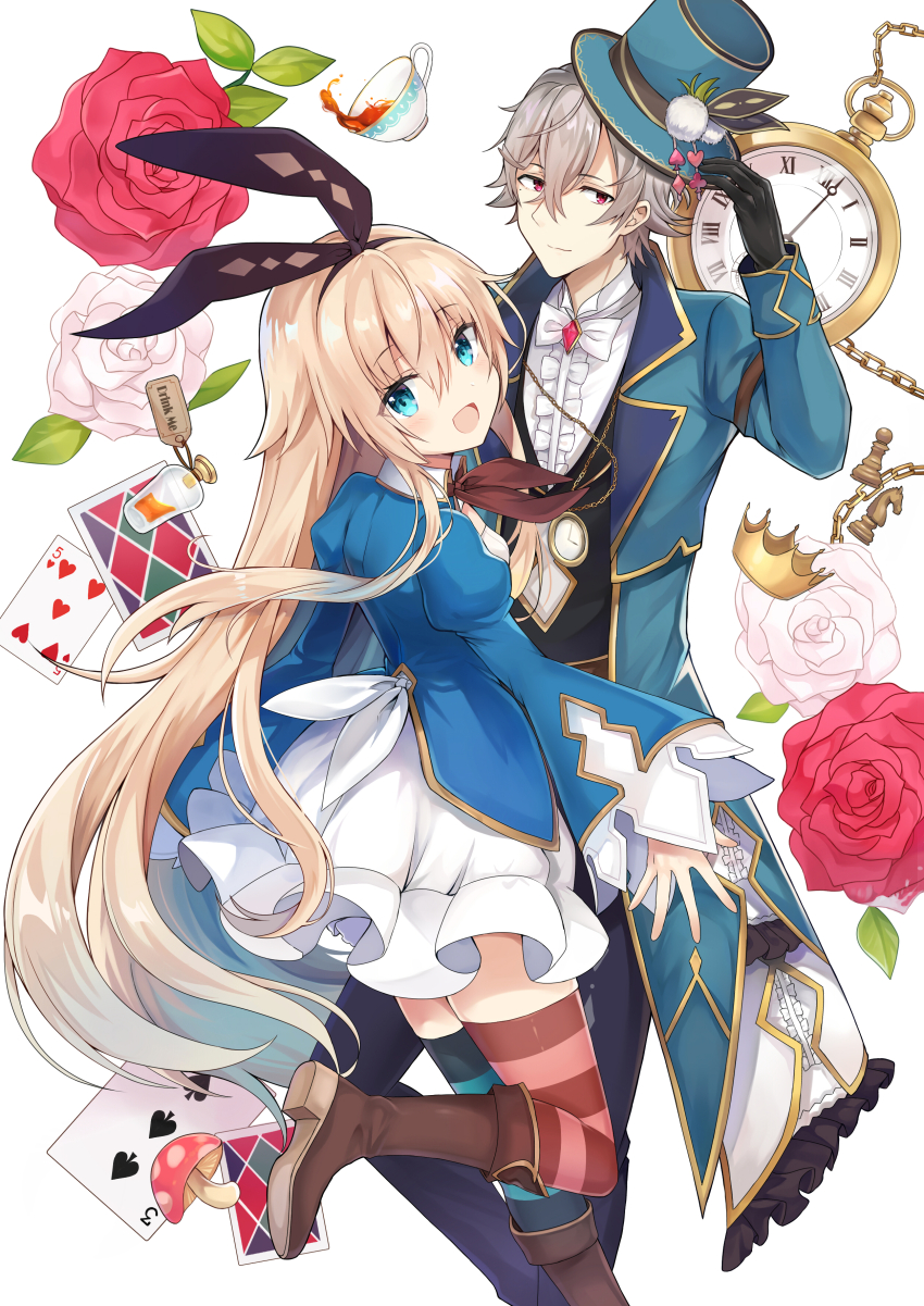 1boy 1girl absurdres alice_(grimms_notes) alice_(original)_(grimms_notes) aqua_thighhighs asymmetrical_legwear back black_pants blonde_hair blue_dress blue_eyes boots brown_boots bubble_skirt clock_necklace dress flower gradient_hair green_hat green_jacket grey_hair grimms_notes hat highres jacket lewis_carroll_(grimms_notes) lewis_carroll_(original)_(grimms_notes) long_hair mismatched_legwear multicolored_hair official_alternate_costume open_mouth pants red_eyes red_flower red_rose red_thighhighs retsuto rose shirt short_hair skirt smile thighhighs very_long_hair white_flower white_rose white_shirt