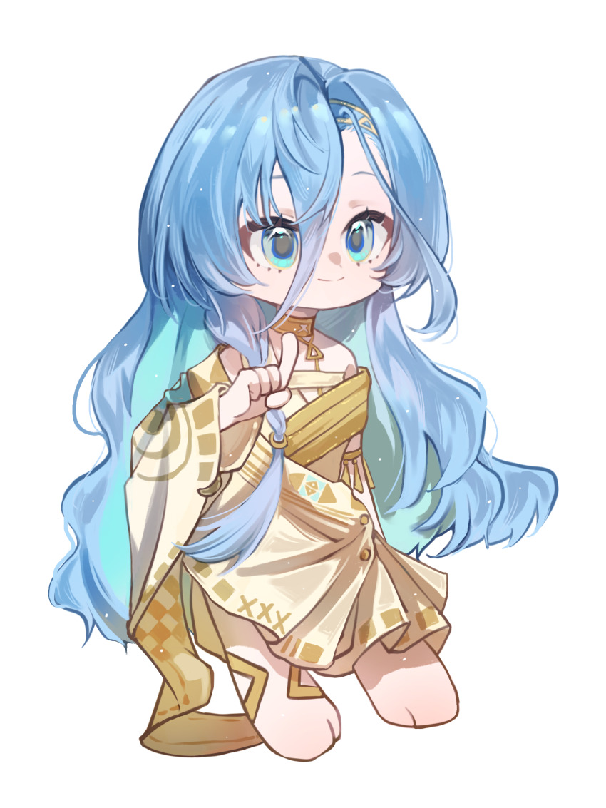 1girl 37_(reverse:1999) absurdres ancient_greek_clothes anklet bare_shoulders barefoot blue_eyes blue_hair chilizi closed_mouth deformed full_body gold_choker greco-roman_clothes hair_between_eyes hand_up highres index_finger_raised jewelry long_hair reverse:1999 smile solo standing toga very_long_hair white_background
