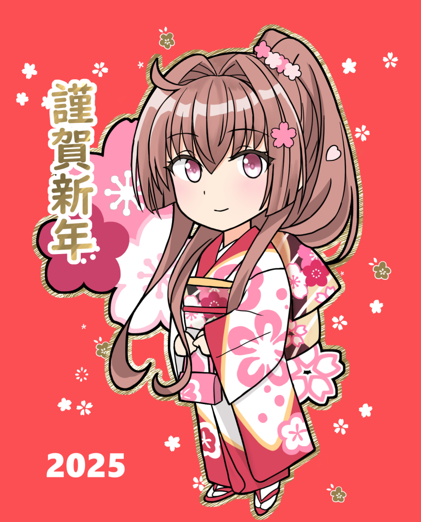 1girl 2025 alternate_costume bag brown_hair cherry_blossoms commentary_request deformed floral_background flower full_body hair_flower hair_ornament handbag highres japanese_clothes kantai_collection kimono looking_at_viewer nengajou new_year red_background red_eyes simple_background solo takase_asagiri two-tone_kimono white_kimono yamato_(kancolle)