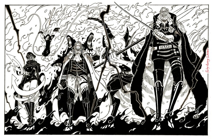 1girl 3boys arrow_(symbol) artist_name ascot beard beard_stubble black_gloves black_jacket black_panties boots cape cerberus commentary devil_fruit_power dragon_boy elbow_gloves english_commentary epaulettes facial_hair figarland_shamrock flower glasses gloves goggles goggles_on_headwear gunko highres holding holding_sword holding_weapon jacket living_weapon long_hair mas_ricky_acong_subroto mask military_uniform monochrome mouth_mask multiple_boys mustache_stubble no_pants one_piece panties qilin_(mythology) rimoshifu_killingham rogatywka rose shepherd_sommers short_hair stubble sword thigh_boots underwear weapon white_ascot white_cape white_gloves