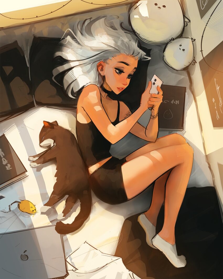 1girl black_shirt black_shorts book bruce_(sam_yang) cat cellphone commentary computer english_commentary from_above highres holding holding_phone indoors kara_(sam_yang) laptop looking_at_phone lying medium_hair midriff_peek on_bed on_side original parted_lips phone pillow red_lips sam_yang shirt shorts sleeveless sleeveless_shirt smartphone socks solo stuffed_animal stuffed_toy tuxedo_cat white_hair white_socks
