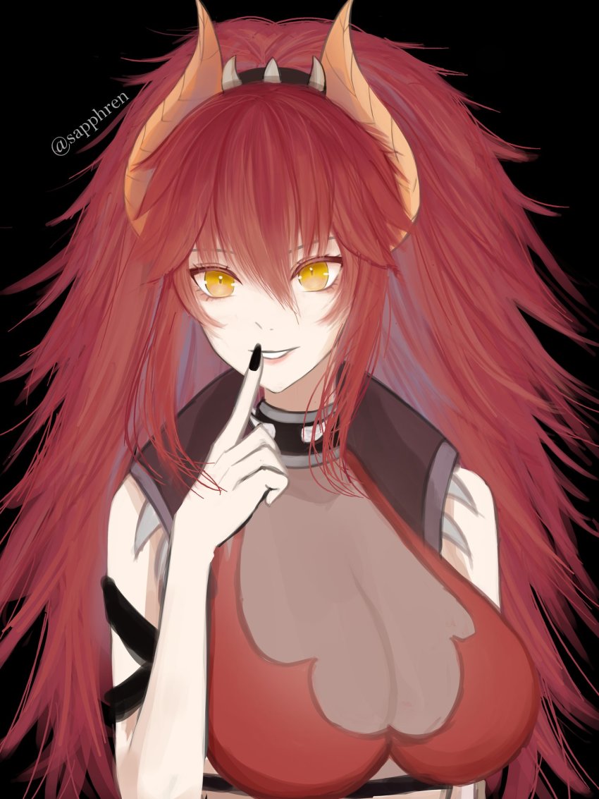 1girl black_background black_choker black_nails breasts choker cleavage commentary dragon_girl dragon_horns english_commentary finger_to_mouth highres horns large_breasts long_hair looking_to_the_side nail_polish orange_eyes parted_lips portrait sapphren see-through_clothes see-through_cleavage solo spiked_choker spikes twitter_username virtual_youtuber vshojo zentreya zentreya_(dragon) zentreya_(dragon)_(1st_costume)