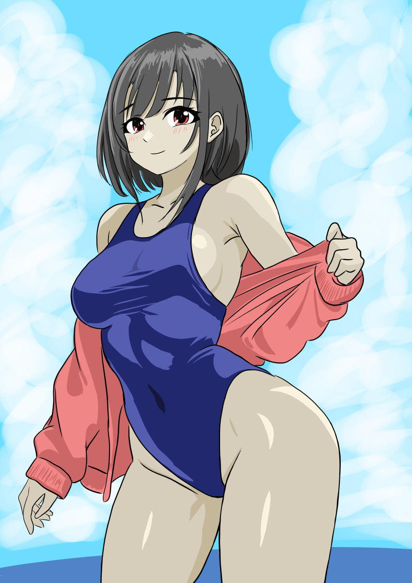 1girl absurdres black_hair blue_one-piece_swimsuit blue_sky bone_namu(namu49850) cloud competition_swimsuit covered_navel cowboy_shot day highleg highleg_one-piece_swimsuit highres horizon jacket kantai_collection one-piece_swimsuit outdoors pink_jacket red_hair short_hair sky solo swimsuit takao_(kancolle) undressing