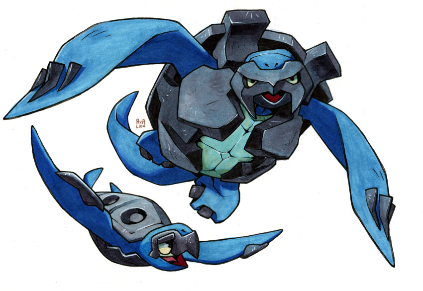 absurdres archelon artist_name black_eyes carracosta commentary english_commentary gen_5_pokemon highres looking_at_viewer marker_(medium) nintendo no_humans open_mouth pokemon pokemon_(creature) railroadlion simple_background tirtouga traditional_media turtle white_background