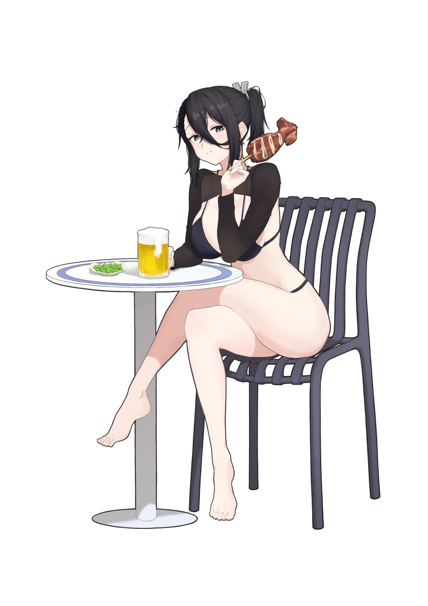 1girl absurdres alcohol awesome_crane barefoot beer bikini black_bikini black_eyes black_hair black_shrug breasts chair commentary_request crossed_legs eating food highres hiratsuka_satomi holding holding_food large_breasts long_sleeves looking_at_viewer on_chair ponytail round_table seitokai_ni_mo_ana_wa_aru! shrug_(clothing) sidelocks sitting solo swimsuit table