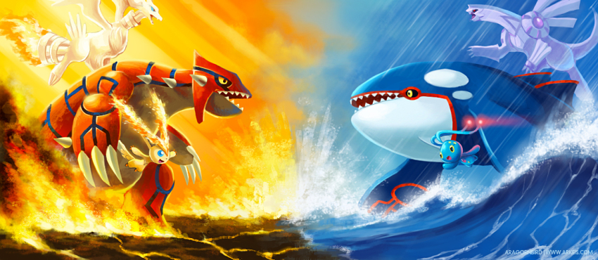 antennae arkeis arkeis-pokemon blue_eyes claws dorsal_fin fangs fins fire gem gen_3_pokemon gen_4_pokemon gen_5_pokemon glowing groudon kyogre lava legendary_pokemon manaphy markings mythical_pokemon nintendo opposing_sides palkia pearl_(gemstone) pokemon pokemon_(creature) rain red_eyes reshiram spikes sun surfing teeth victini volcano water waves white_fur yellow_eyes
