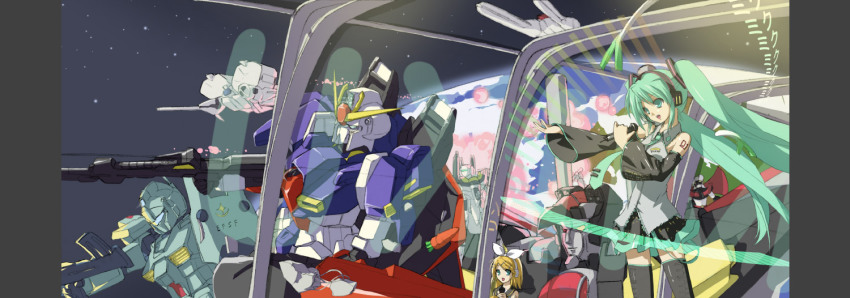 1990s_(style) 2girls bad_id bad_pixiv_id choujuu_kishin_dancouga crossover dancouga dancouga_(series) dancougar dendrobium_schema gm_(mobile_suit) gm_kai gundam gundam_0083 gundam_gp-03_stamen hatsune_miku kagamine_rin kidou_senkan_nadesico long_image macross mazinger_(series) mazinger_z mazinger_z_(mecha) mecha multiple_girls retro_artstyle robot sakura_sora vocaloid wide_image zeta_gundam zeta_gundam_(mobile_suit)
