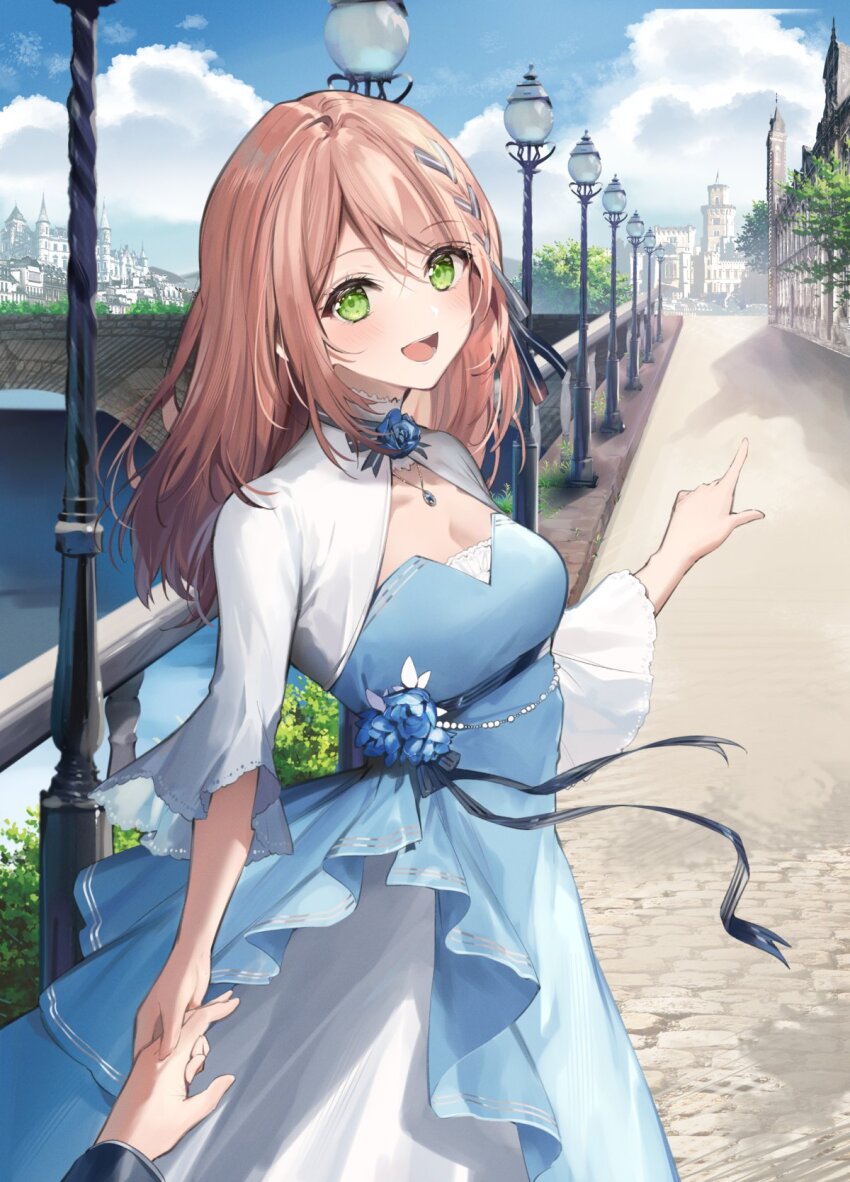 1boy 1girl :d black_madougushi_guild_wo_tsuihousareta_watashi_oukyuu_majutsushi_toshite_hirowareru blue_sky braid breasts bridge brown_hair building cleavage cleavage_cutout clothing_cutout cloud cover cover_page dress green_eyes highres holding_hands lamppost long_dress long_hair luke_waldstein neck_flower necomi noel_springfield novel_cover official_art open_mouth pointing pointing_to_the_side pov river sky smile stone_floor