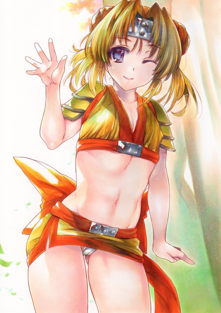 1girl ;) absurdres blonde_hair breasts cleavage closed_mouth collarbone cowboy_shot double_bun female_focus fundoshi gluteal_fold hair_bun hair_intakes headband hide_yoshino highres japanese_clothes medium_hair microskirt midriff navel one_eye_closed purple_eyes rozarin sengoku_otome side_slit skirt small_breasts smile solo thighs traditional_media yellow_skirt